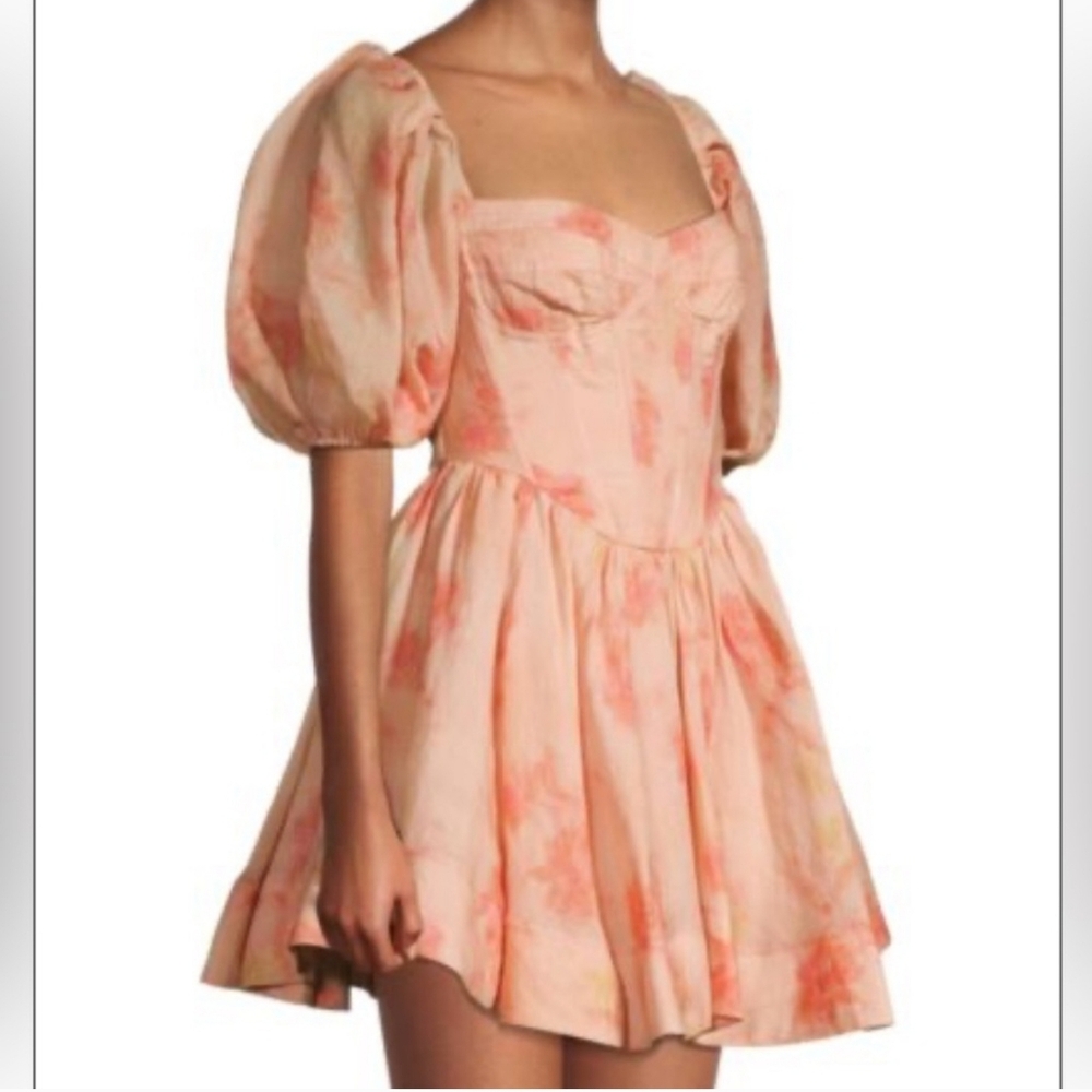 NWT Bardot Kiah Corset Puff Sleeve  Floral Peach/Orange Mini Dress